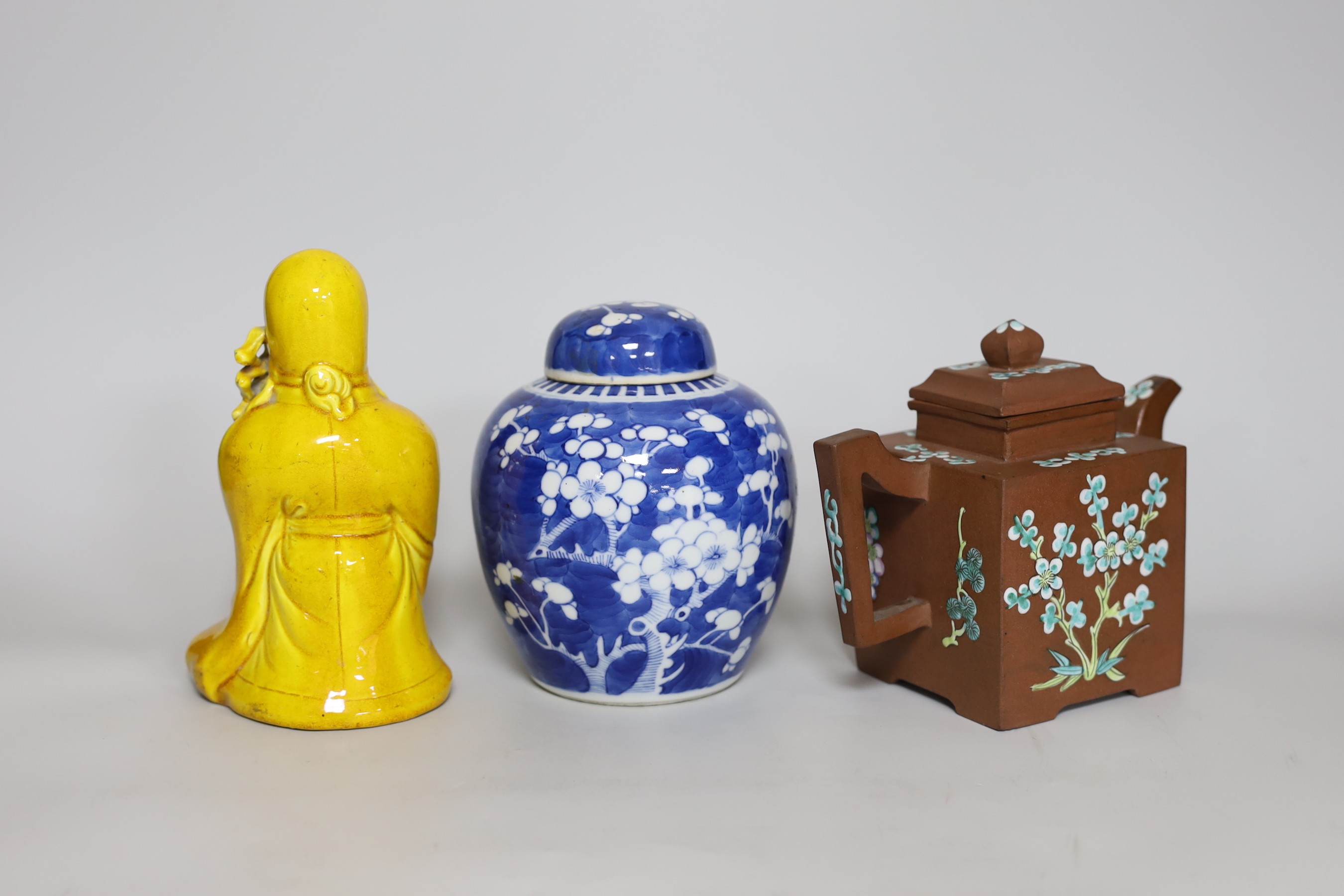 A Chinese prunus ginger jar, an enamelled Yixing teapot and a Japanese monochrome figure of Fukurokuji, tallest 18cm